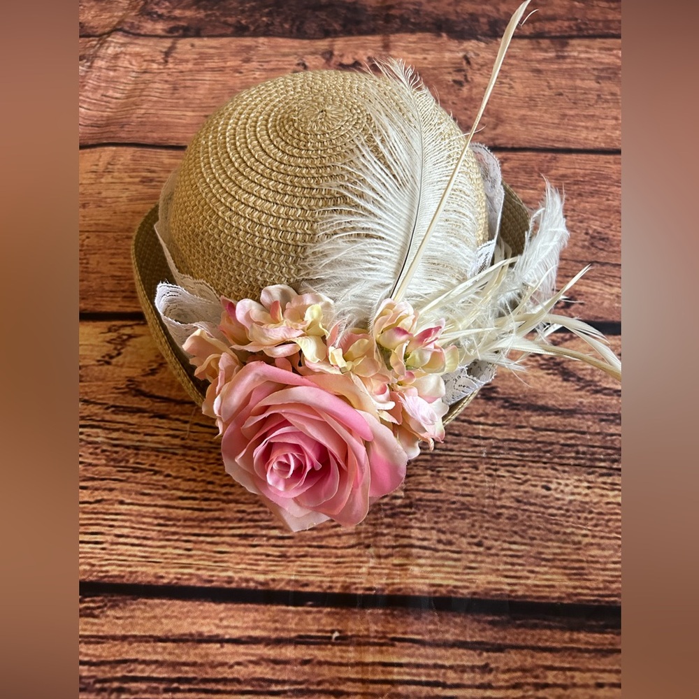 D&Y Tan Hat with Pink Floral and Feather Accents